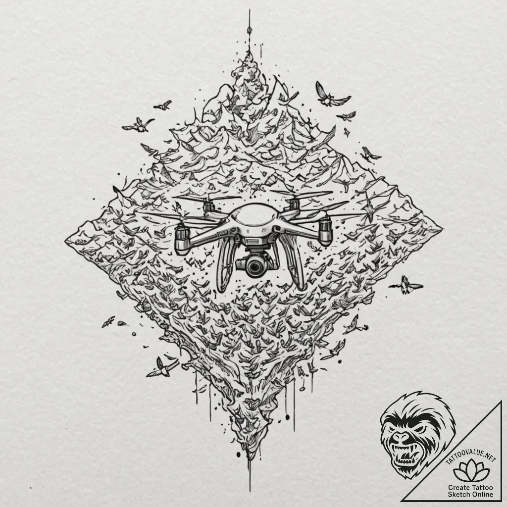Tattoo design, a drone dissolving into a floc... - tattoo sketch (№1751530542_0, 03.07.2025 08:15) — tattoovalue.net