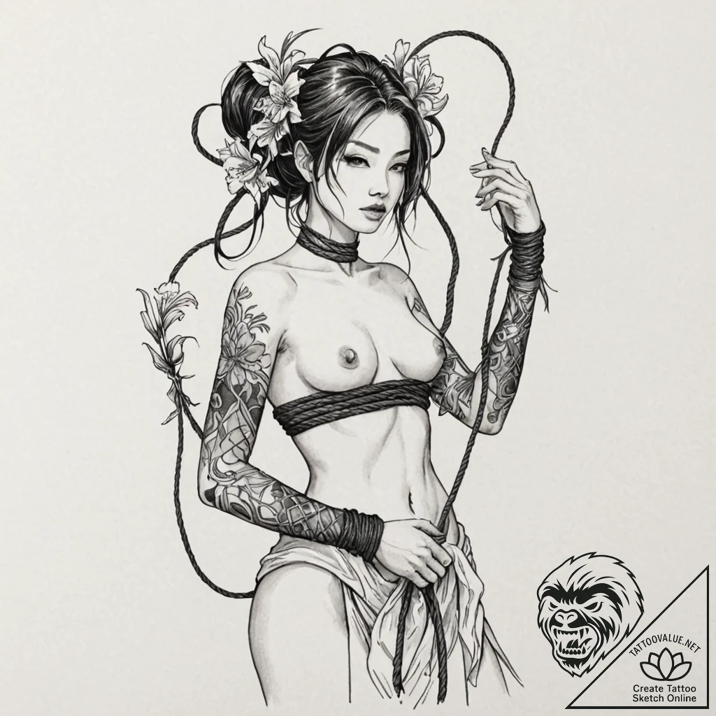 Tattoo sleeve design, shibari inspired, a bea... - tattoo sketch (№1751530783_0, 03.07.2025 08:19) — tattoovalue.net