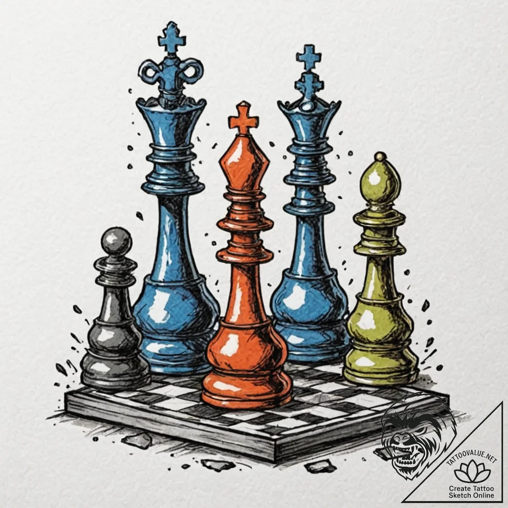 Tattoo design, a chess game played with bulle... - tattoo sketch (№1751530954_0, 03.07.2025 08:22) — tattoovalue.net