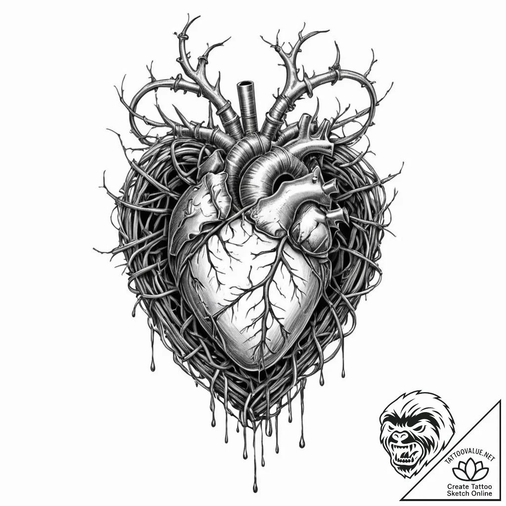 Tattoo design, a human heart wrapped in barbe... - tattoo sketch (№1751533611_0, 03.07.2025 09:06) — tattoovalue.net