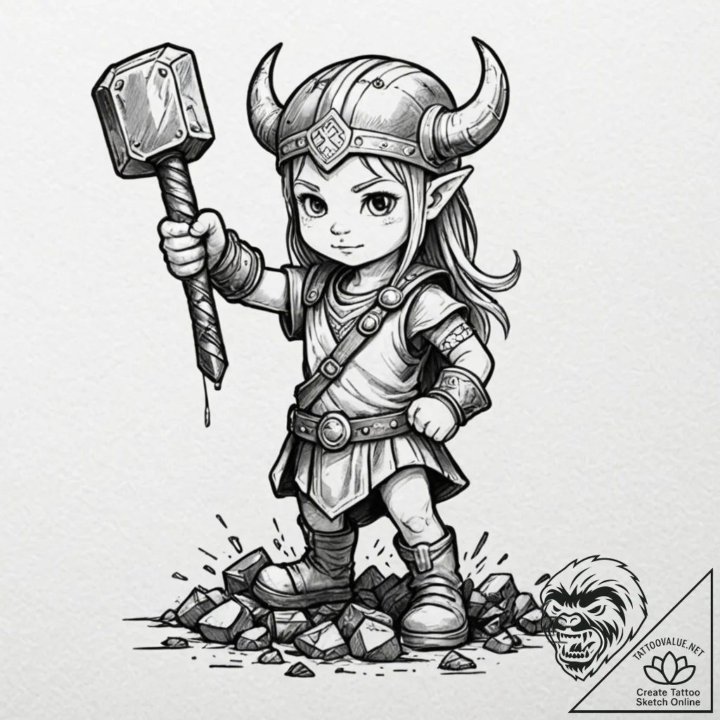 Tattoo design, a viking child playing with a... - tattoo sketch (№1751534358_0, 03.07.2025 09:19) — tattoovalue.net