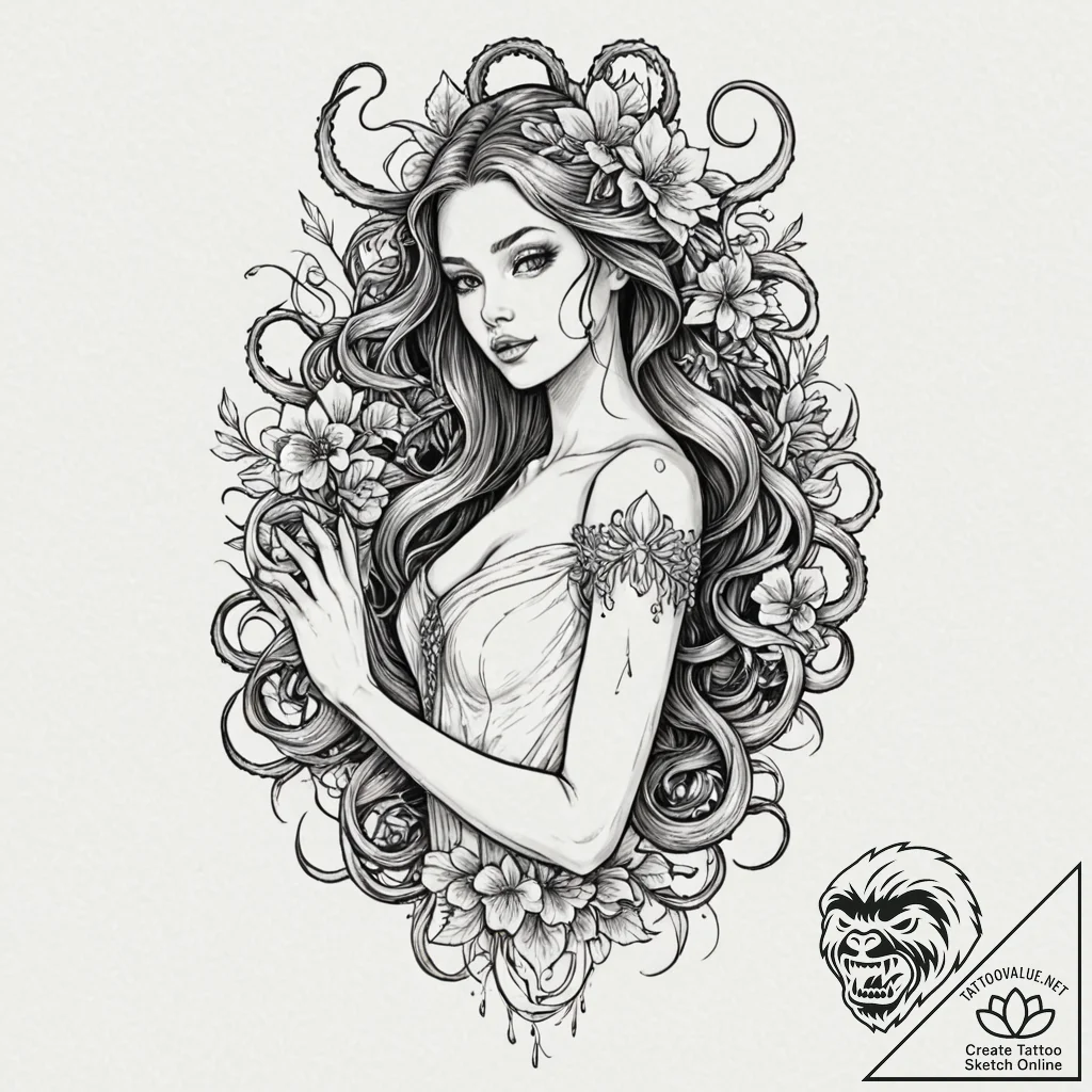 Tattoo sleeve design, monster princess, beaut... - tattoo sketch (№1751534530_0, 03.07.2025 09:22) — tattoovalue.net