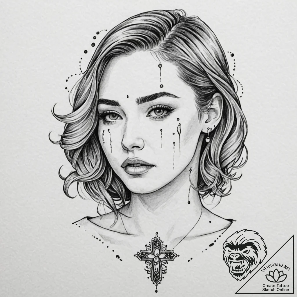 Tattoo design, a beautiful woman crying, her... - tattoo sketch (№1751535441_0, 03.07.2025 09:37) — tattoovalue.net