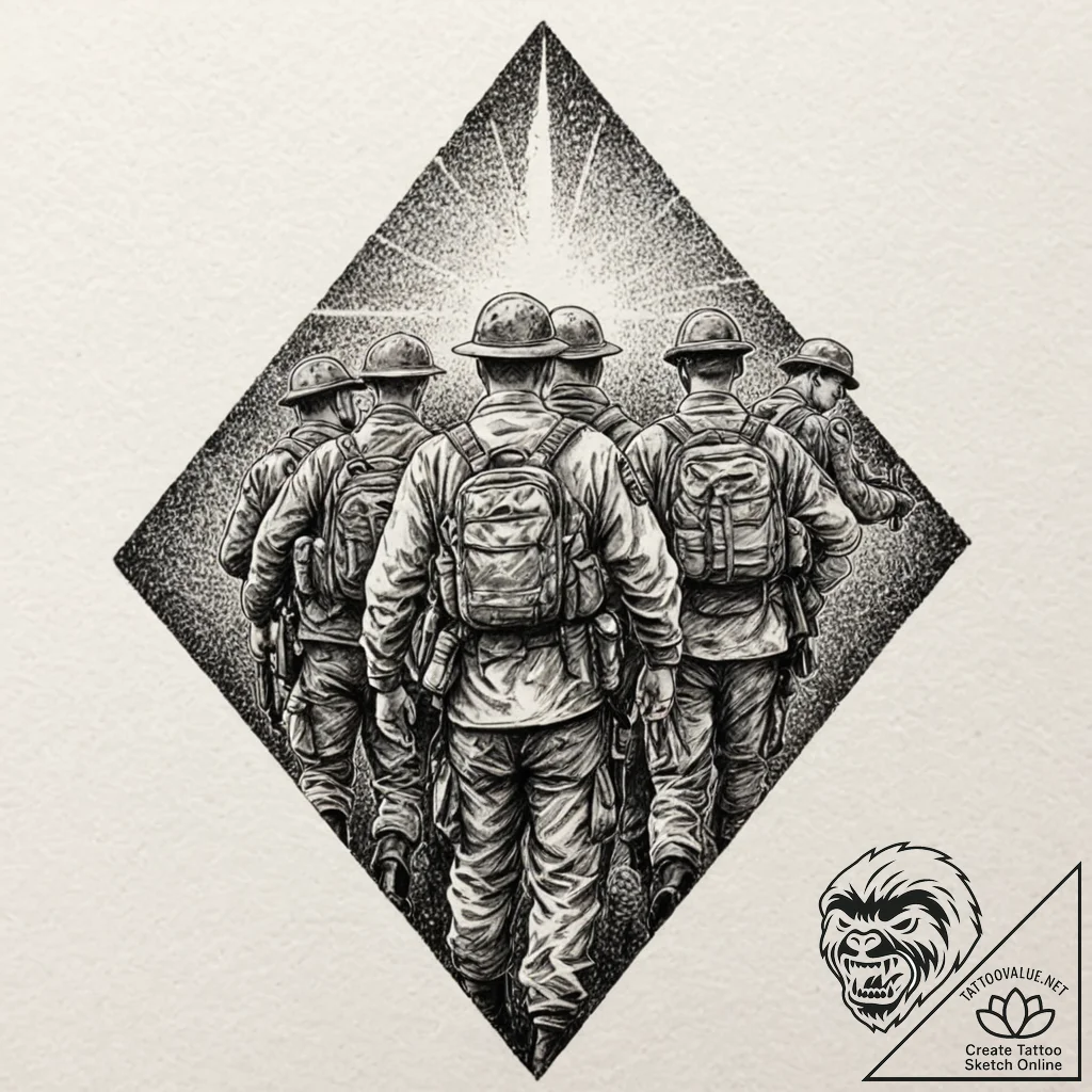 Tattoo design, soldiers huddled together for... - tattoo sketch (№1751536157_0, 03.07.2025 09:49) — tattoovalue.net