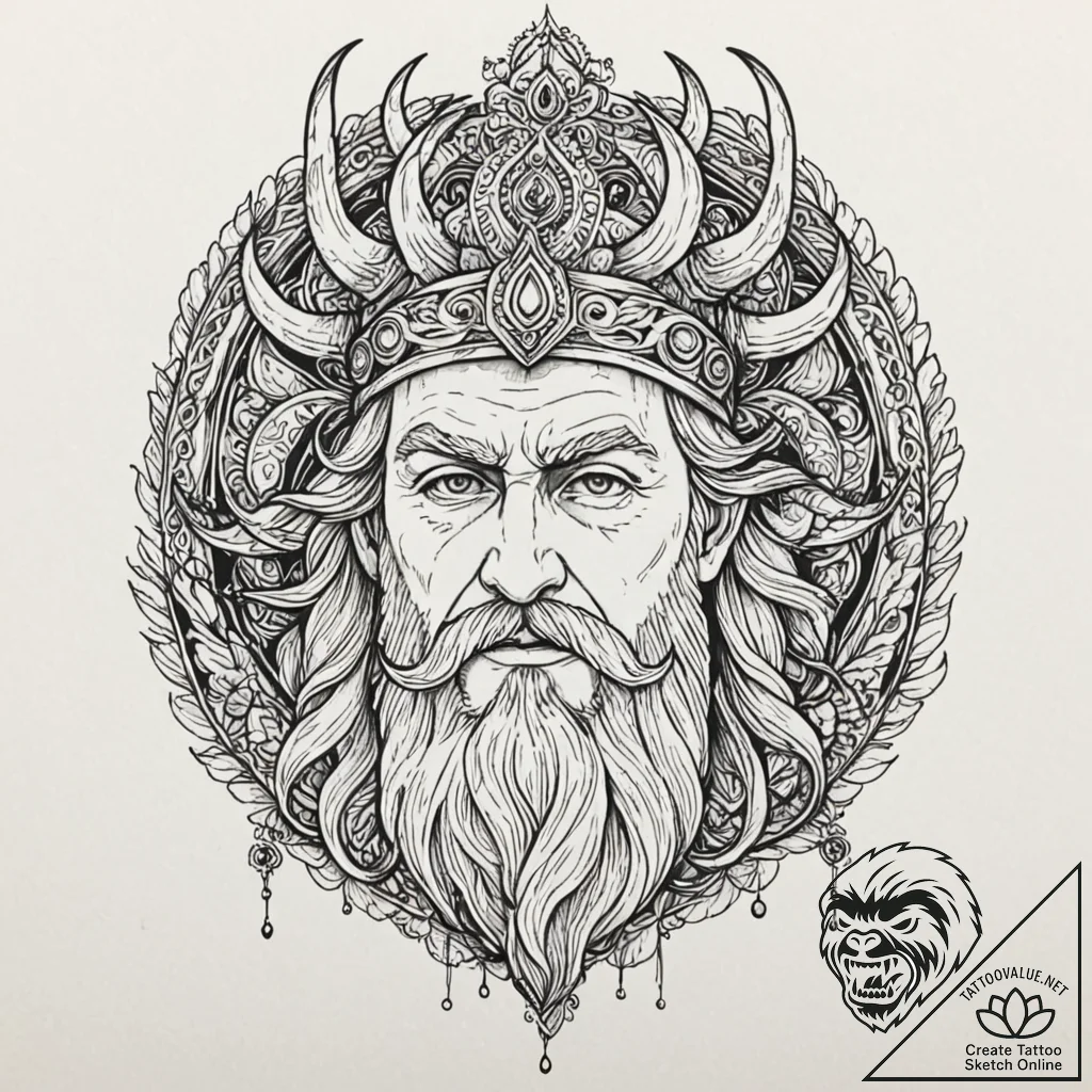 Tattoo design, odin's face done in a psychede... - tattoo sketch (№1751536239_0, 03.07.2025 09:50) — tattoovalue.net