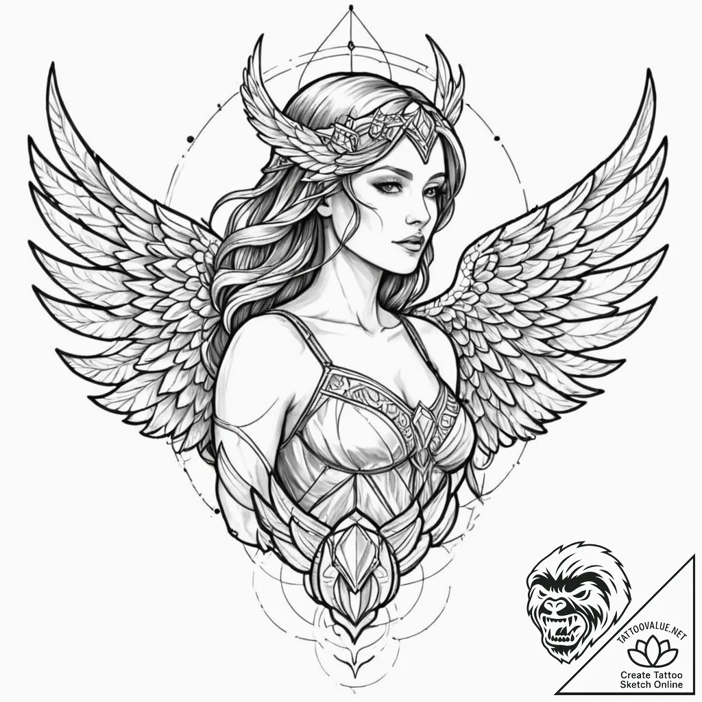 Tattoo design, valkyrie, her wings are not fe... - tattoo sketch (№1751536485_0, 03.07.2025 09:54) — tattoovalue.net