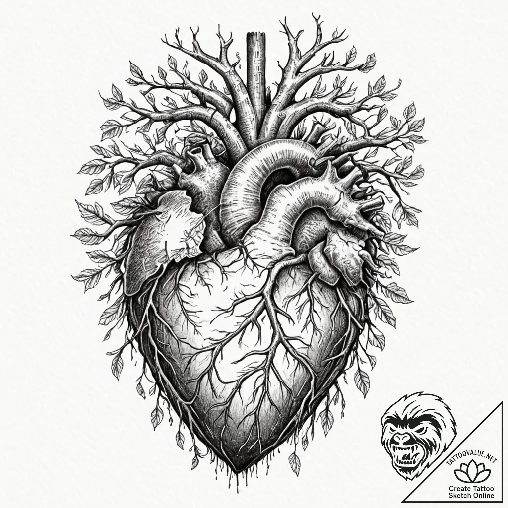Tattoo design, an anatomical heart, intertwin... - tattoo sketch (№1751536656_0, 03.07.2025 09:57) — tattoovalue.net