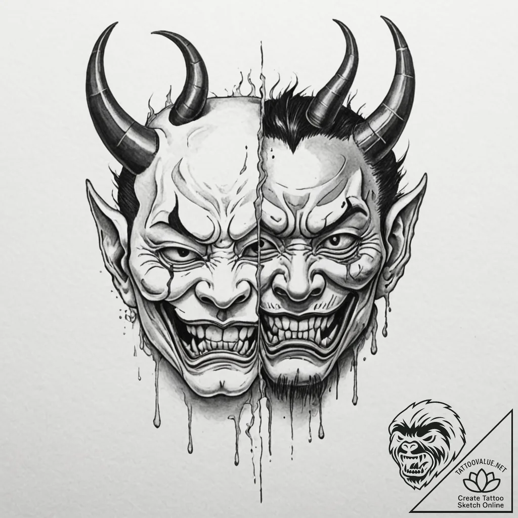Tattoo design, a hannya mask, split in half,... - tattoo sketch (№1751537392_0, 03.07.2025 10:09) — tattoovalue.net