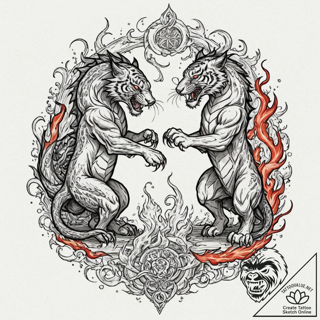 Tattoo design, a dragon and a tiger fighting,... - tattoo sketch (№1751537473_0, 03.07.2025 10:11) — tattoovalue.net