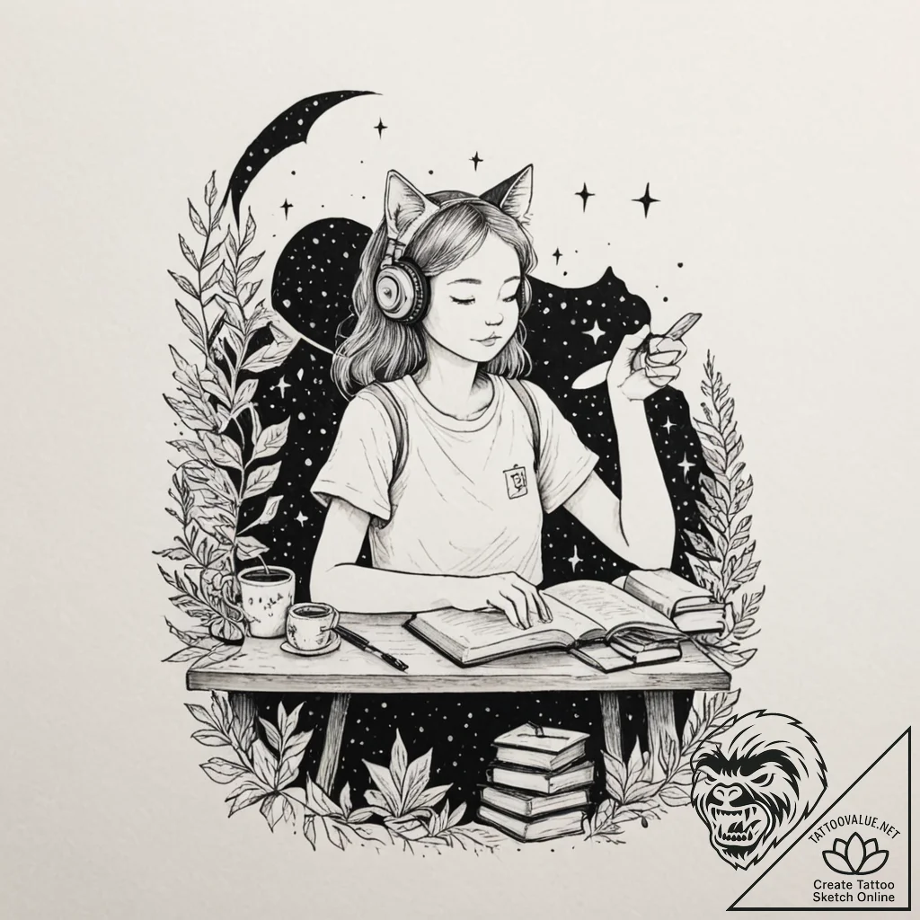 Tattoo sleeve design, lo-fi aesthetic, a girl... - tattoo sketch (№1751538722_0, 03.07.2025 10:32) — tattoovalue.net