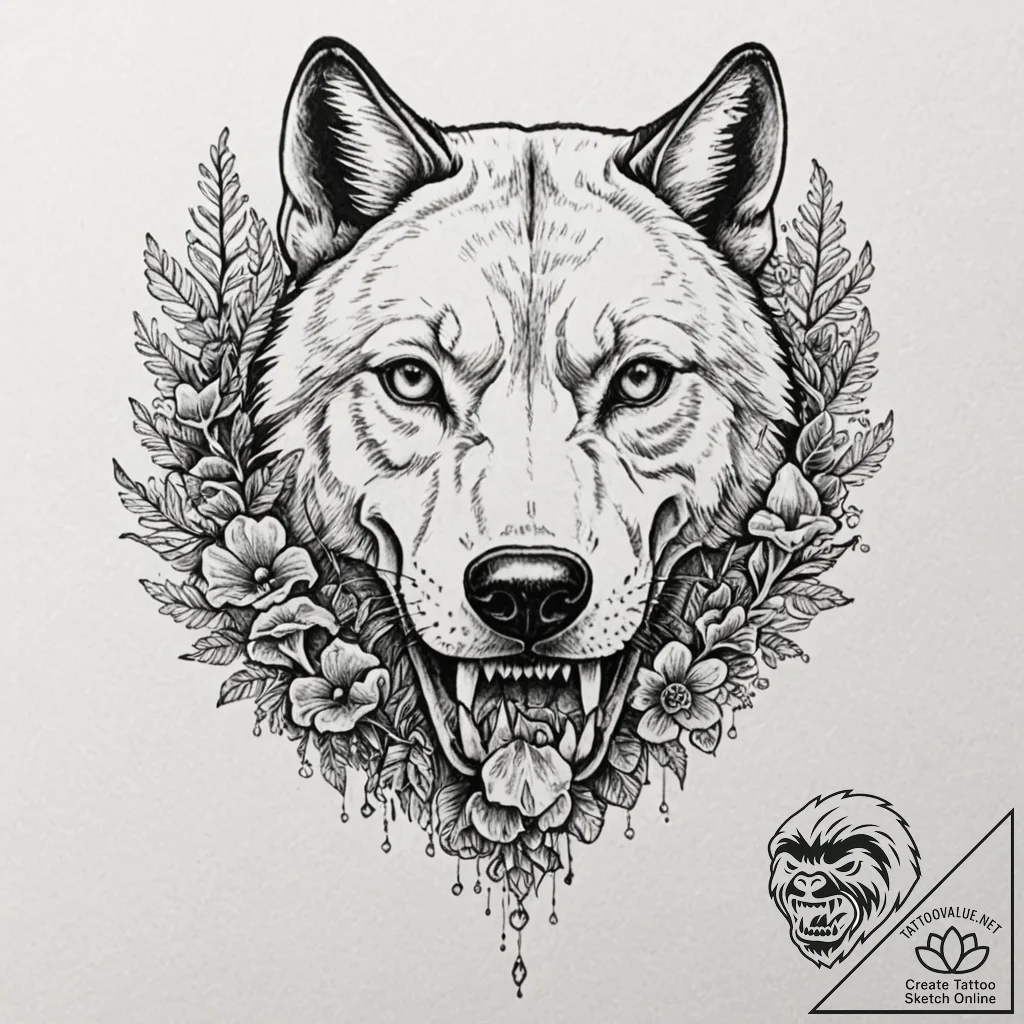 Tattoo design, a wolf's skull, split in half,... - tattoo sketch (№1751539804_0, 03.07.2025 10:50) — tattoovalue.net