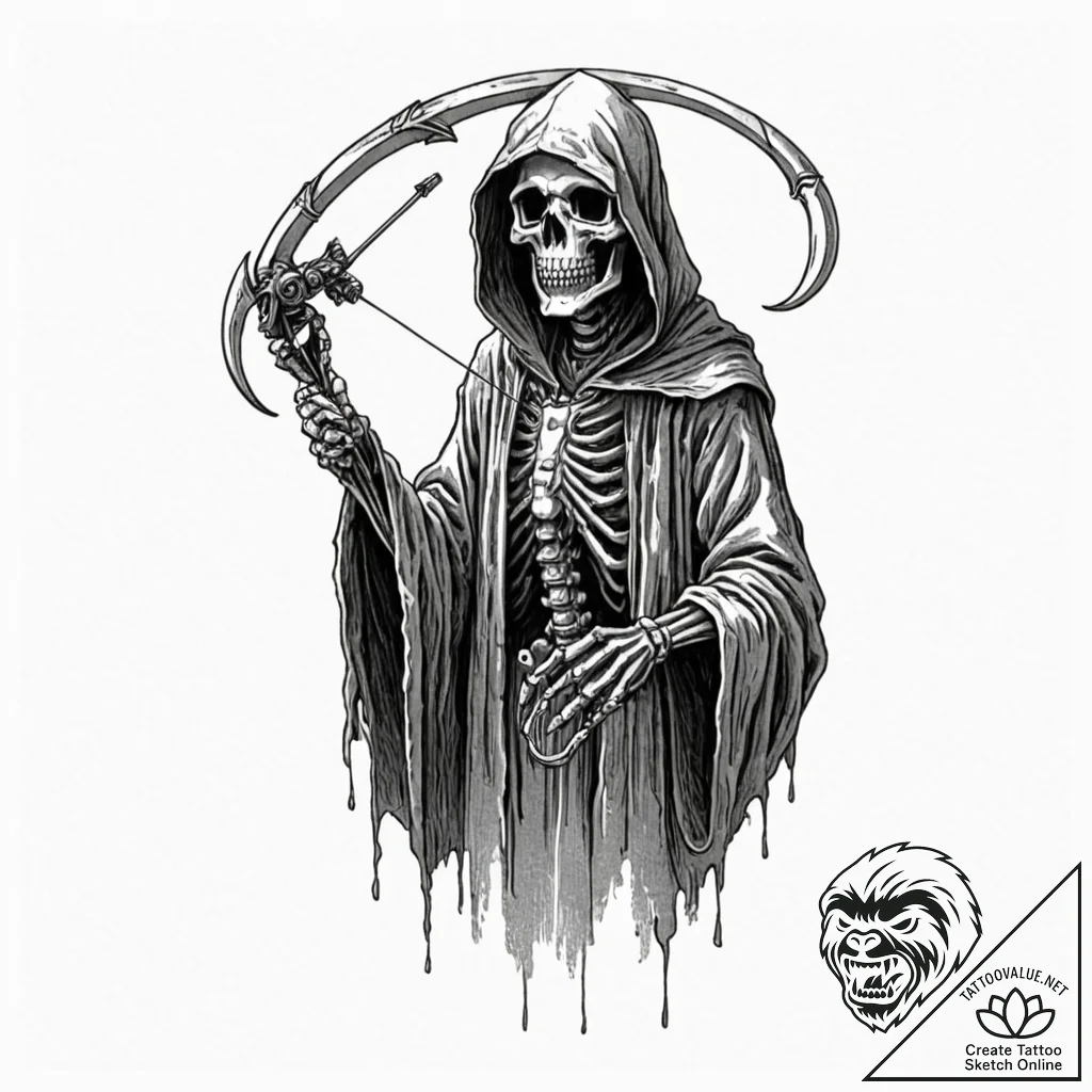 Tattoo design, the grim reaper, hooded and sk... - tattoo sketch (№1751540113_0, 03.07.2025 10:55) — tattoovalue.net
