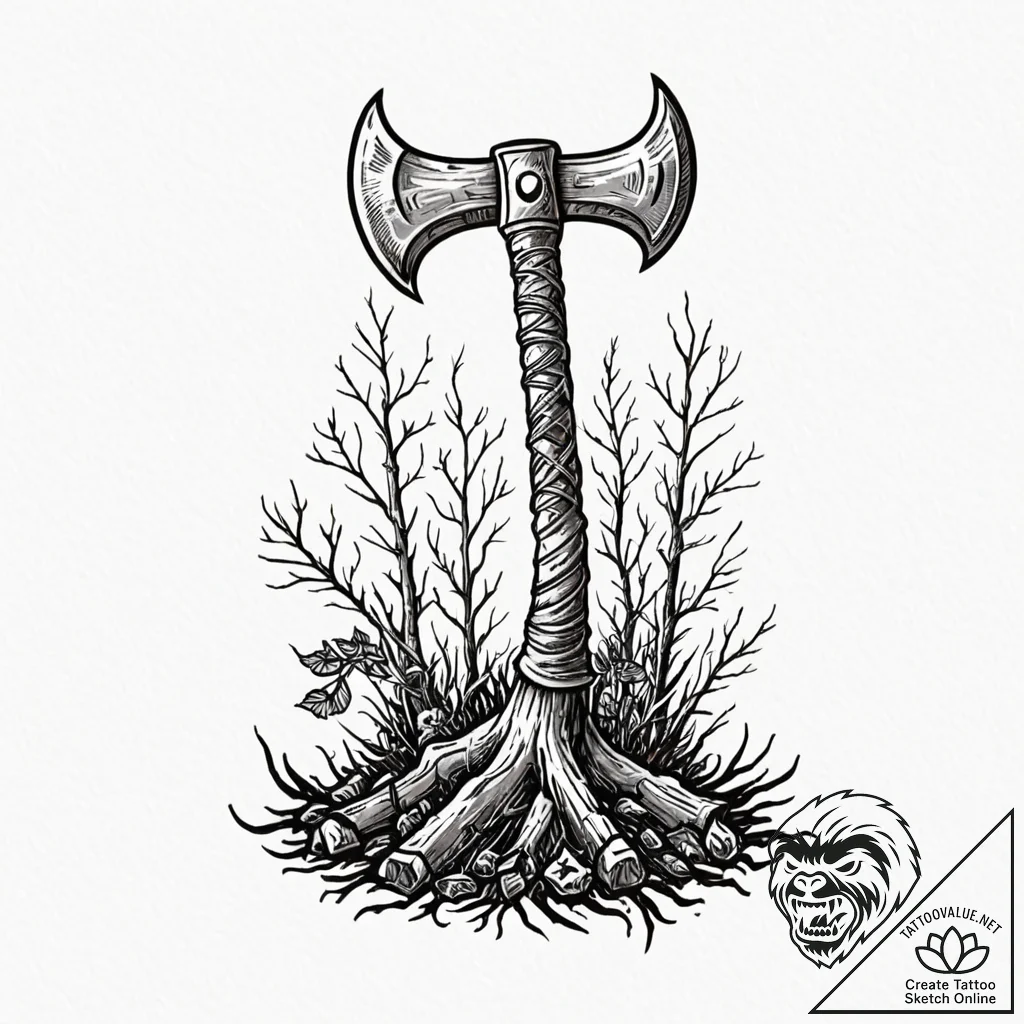 Tattoo sketch of viking axe with tree roots i... - tattoo sketch (№1751540608_0, 03.07.2025 11:03) — tattoovalue.net