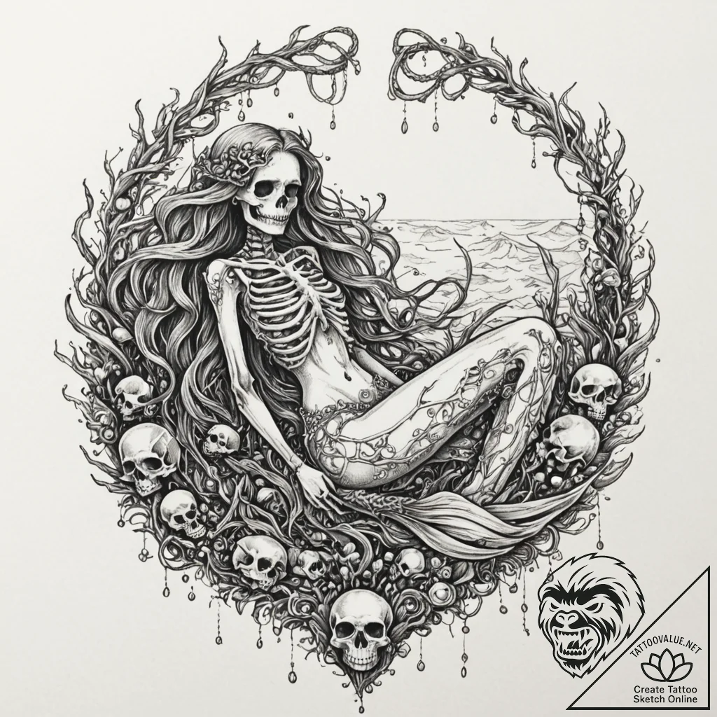 Tattoo design, a skeleton of a mermaid, her b... - tattoo sketch (№1751541612_0, 03.07.2025 11:20) — tattoovalue.net
