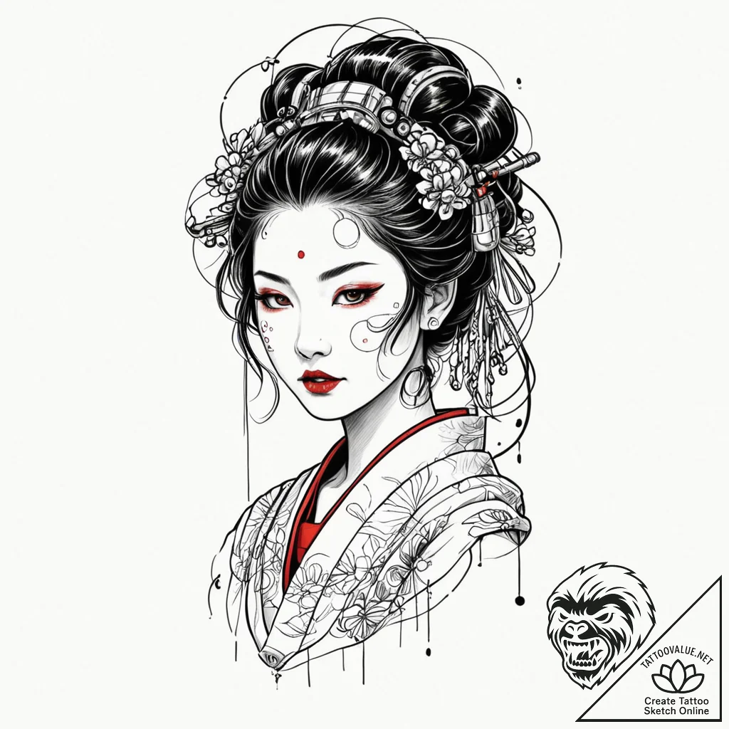 Tattoo design, a beautiful geisha portrait, h... - tattoo sketch (№1751541857_0, 03.07.2025 11:24) — tattoovalue.net