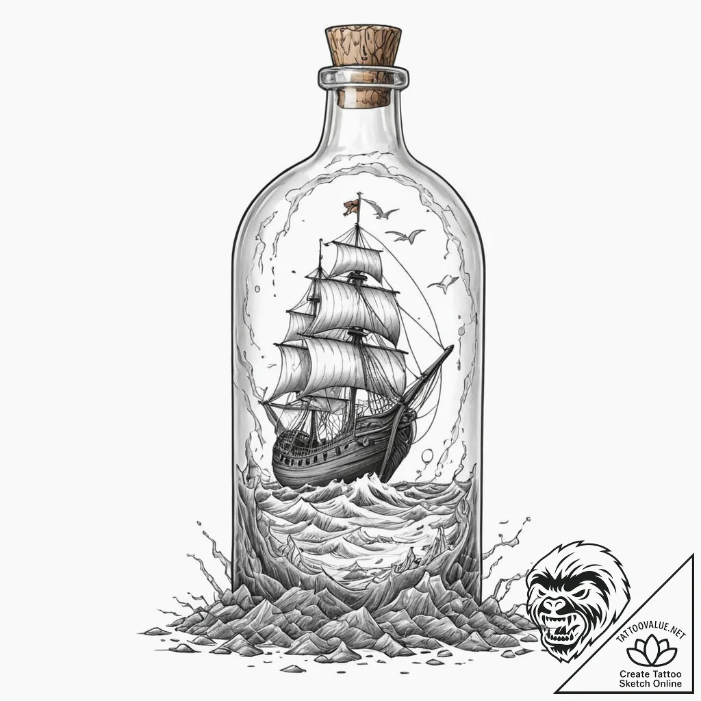 Tattoo design, a viking longship in a bottle,... - tattoo sketch (№1751542778_0, 03.07.2025 11:39) — tattoovalue.net