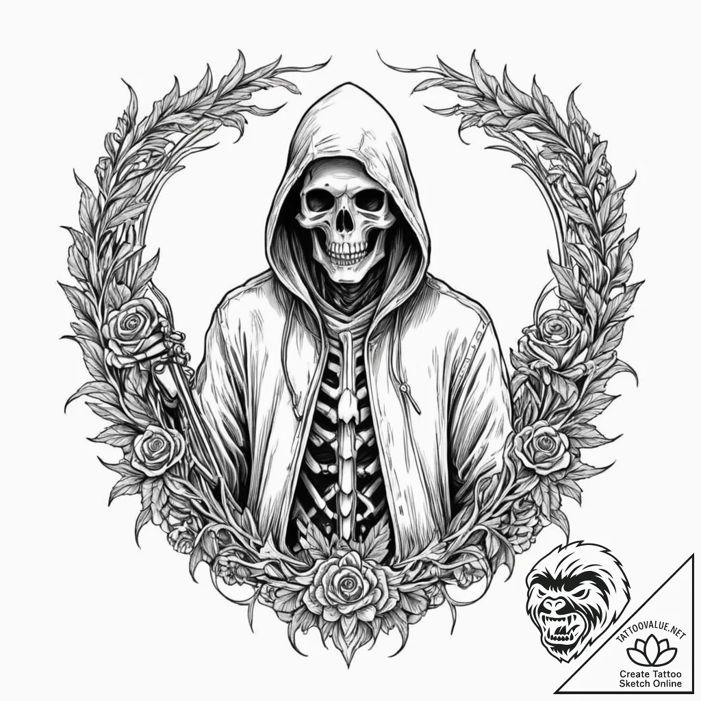Tattoo design, the grim reaper, hooded and sk... - tattoo sketch (№1751543278_0, 03.07.2025 11:47) — tattoovalue.net