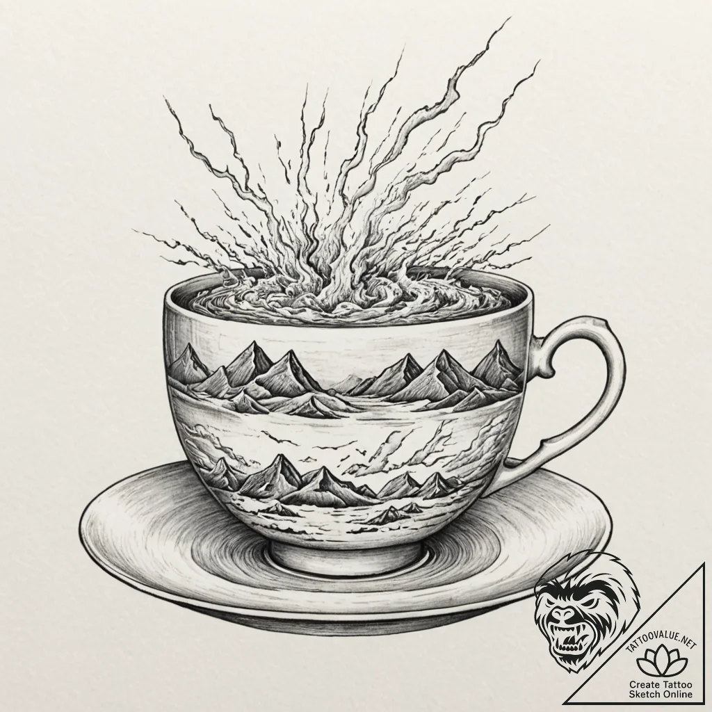 Tattoo design, a teacup, a storm with lightni... - tattoo sketch (№1751544115_0, 03.07.2025 12:01) — tattoovalue.net