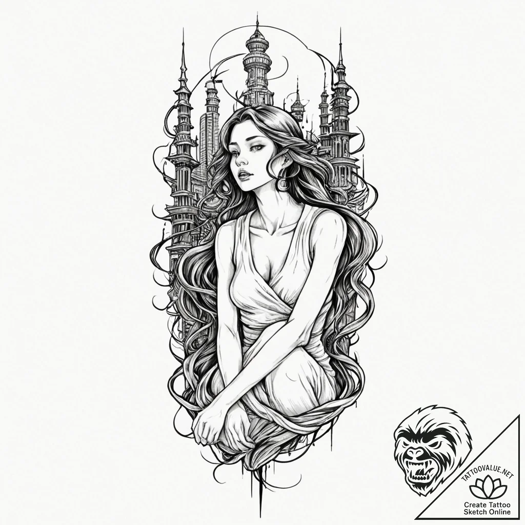 Tattoo design, a rokurokubi (woman whose neck... - tattoo sketch (№1751544204_0, 03.07.2025 12:03) — tattoovalue.net