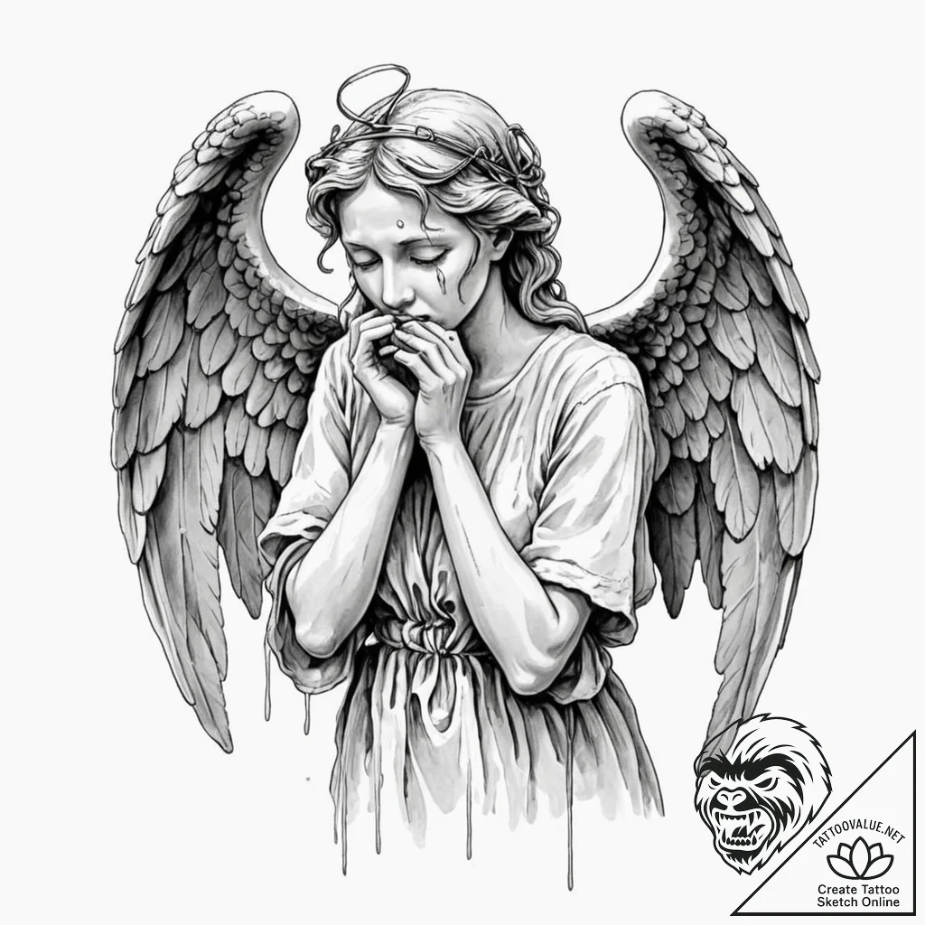 Tattoo design, a weeping angel statue, but it... - tattoo sketch (№1751545528_0, 03.07.2025 12:25) — tattoovalue.net