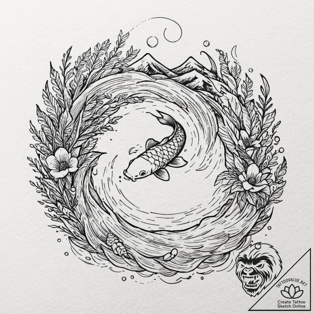 Tattoo design, a koi fish swimming upstream,... - tattoo sketch (№1751546704_0, 03.07.2025 12:45) — tattoovalue.net