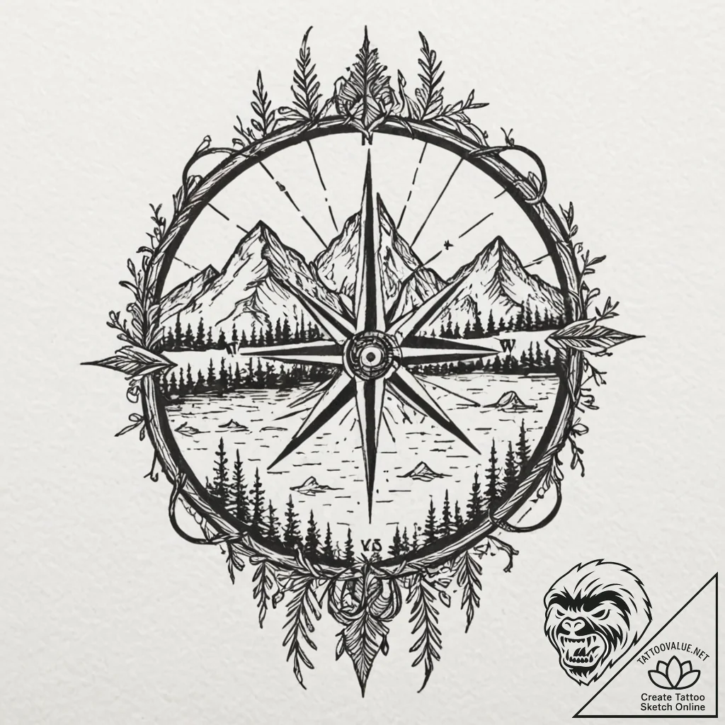 Tattoo design, a stylized compass rose, but t... - tattoo sketch (№1751546782_0, 03.07.2025 12:46) — tattoovalue.net