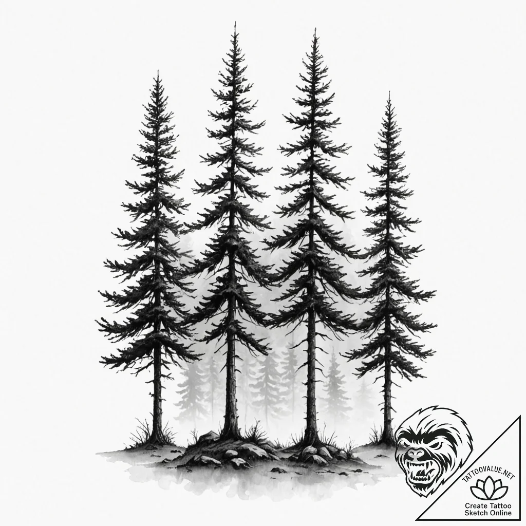 Tattoo design, three tall pine trees, standin... - tattoo sketch (№1751547624_0, 03.07.2025 13:00) — tattoovalue.net