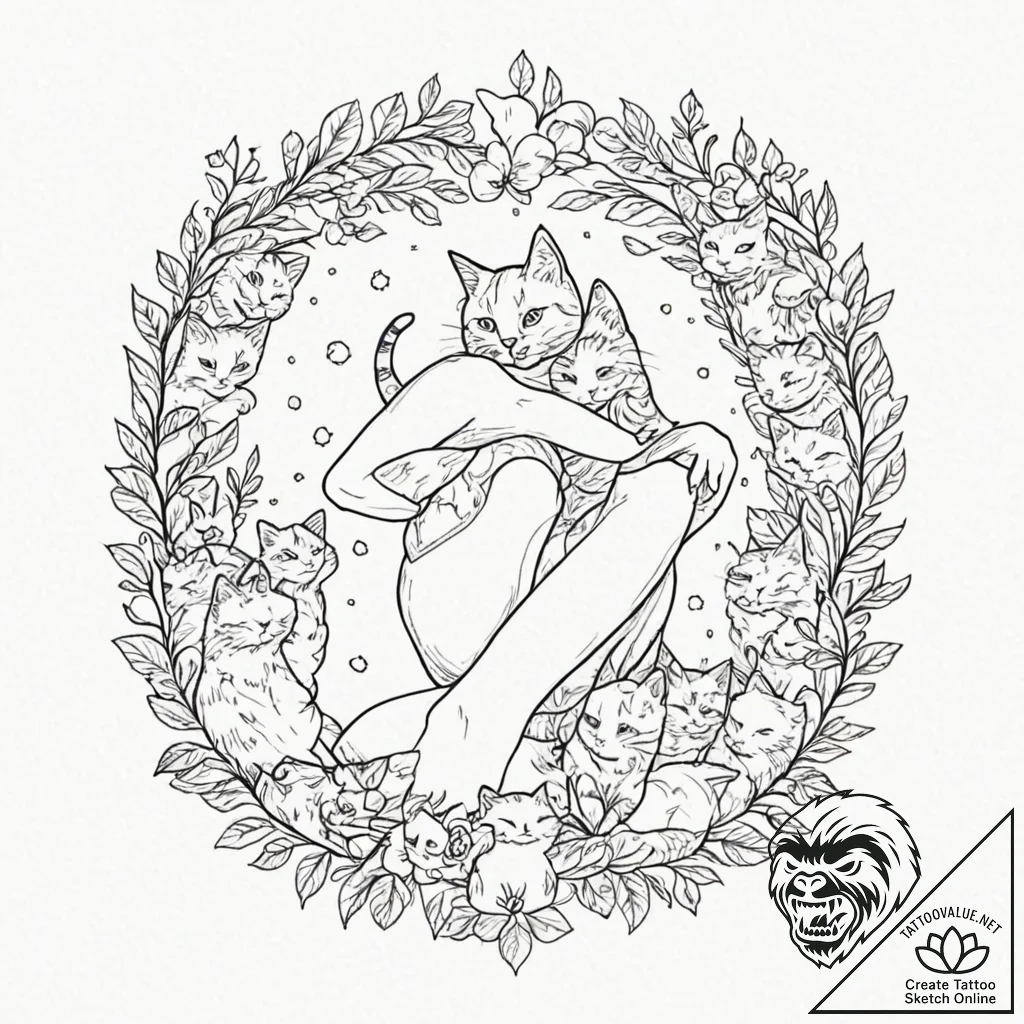 Tattoo sleeve design, cat cafe paradise, a gi... - tattoo sketch (№1751548201_0, 03.07.2025 13:10) — tattoovalue.net