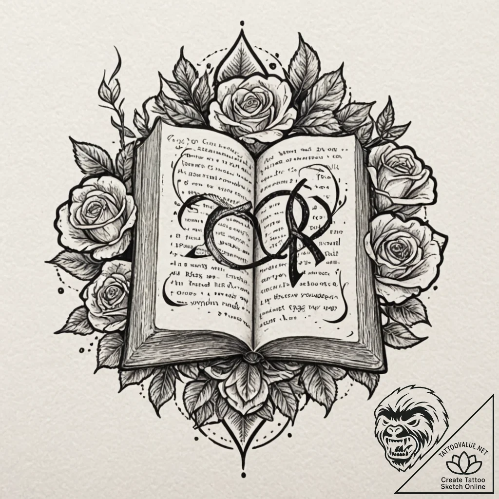 Tattoo sketch of runes flowing from open book... - tattoo sketch (№1751550639_0, 03.07.2025 13:50) — tattoovalue.net