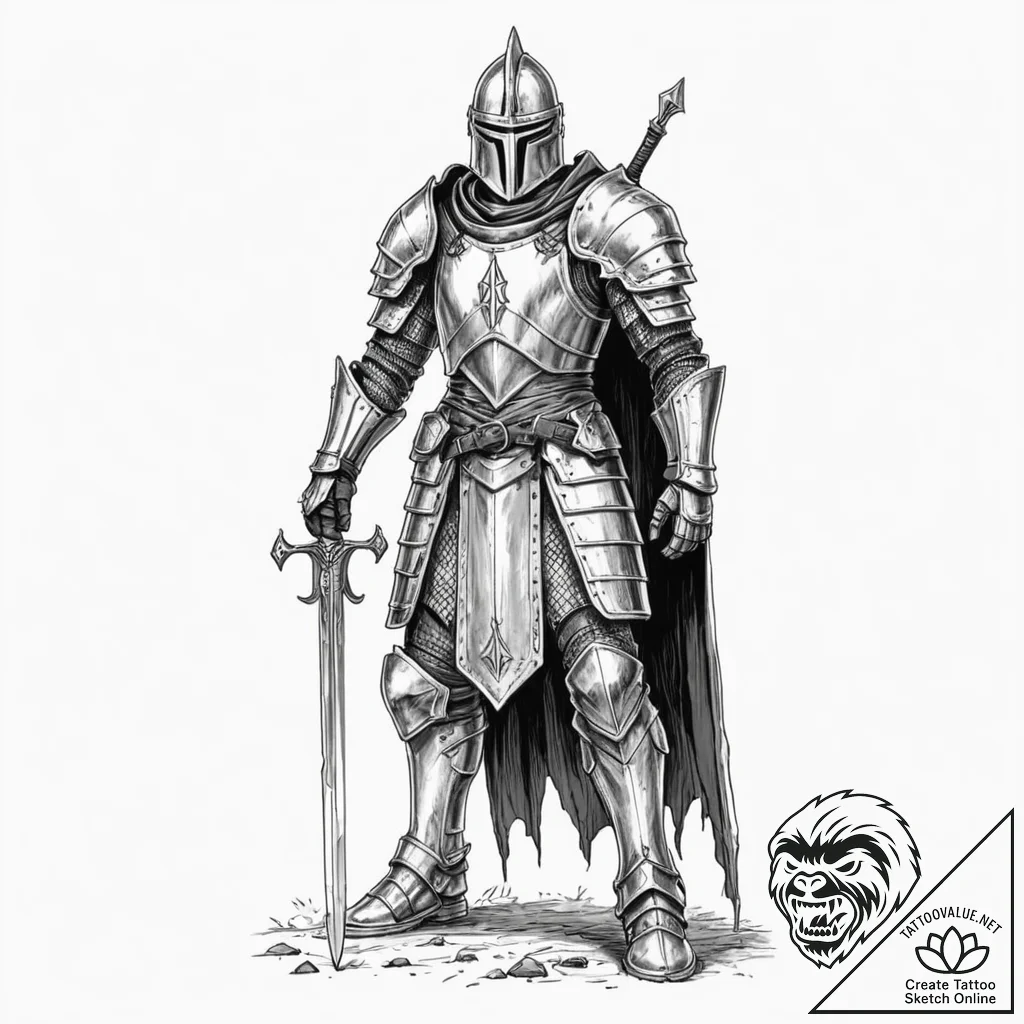 Tattoo design, a knight in full armor, but th... - tattoo sketch (№1751551286_0, 03.07.2025 14:01) — tattoovalue.net