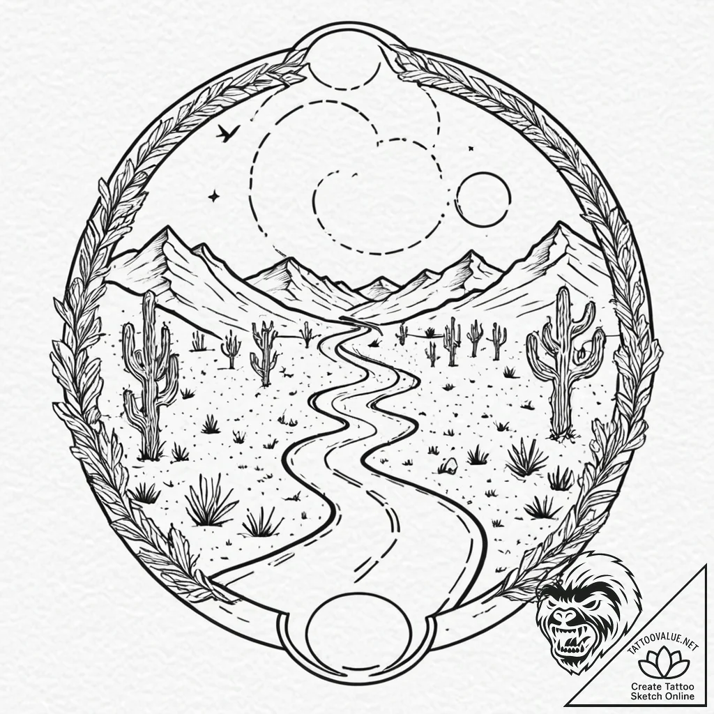 Tattoo design, a road winding through a deser... - tattoo sketch (№1751551514_0, 03.07.2025 14:05) — tattoovalue.net