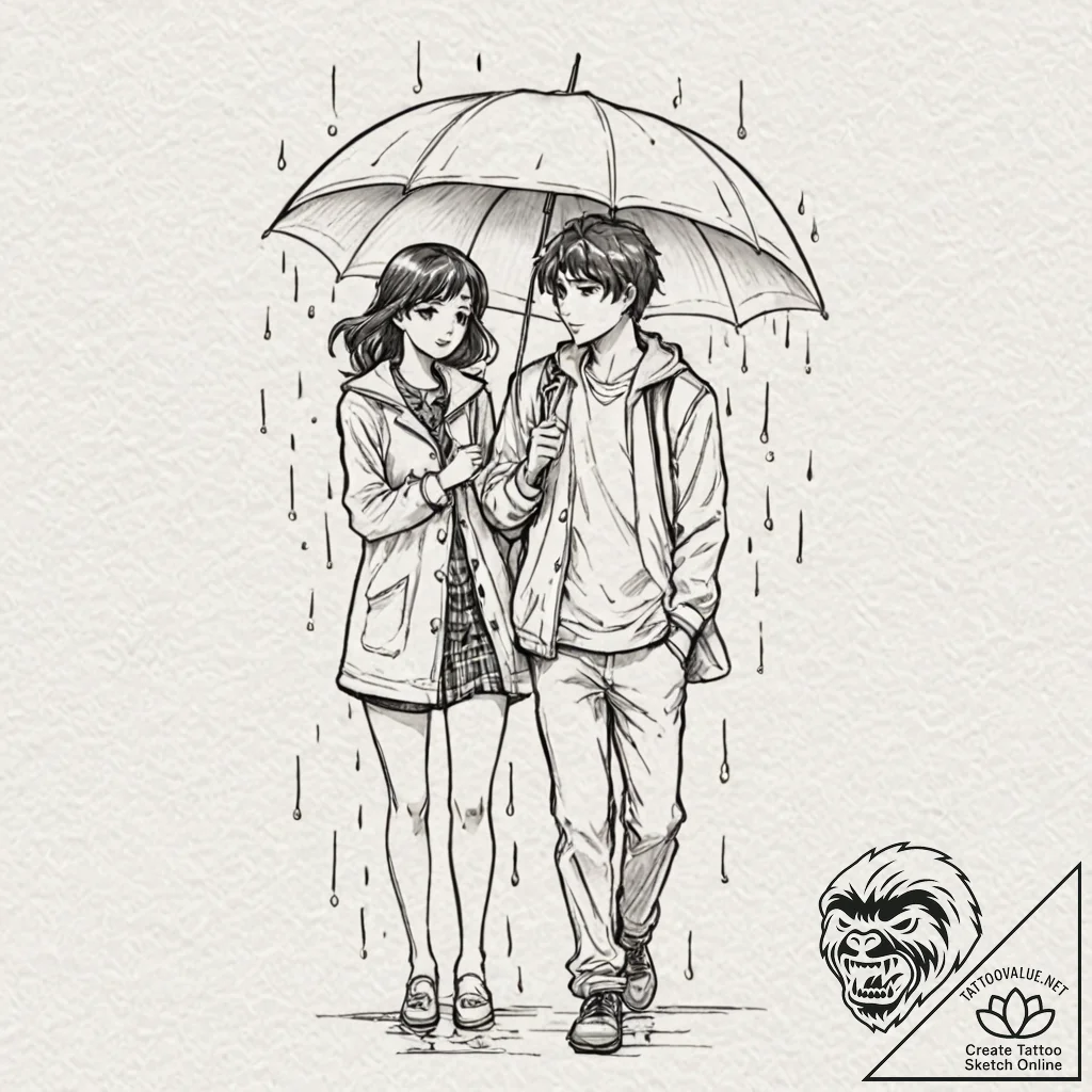 Tattoo sleeve design, rainy season romance, a... - tattoo sketch (№1751552338_0, 03.07.2025 14:18) — tattoovalue.net