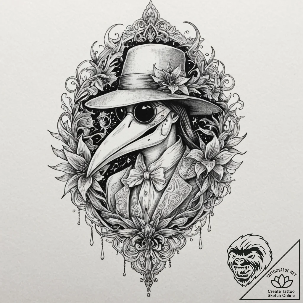 Tattoo design, a beautiful plague doctor, the... - tattoo sketch (№1751552763_0, 03.07.2025 14:26) — tattoovalue.net