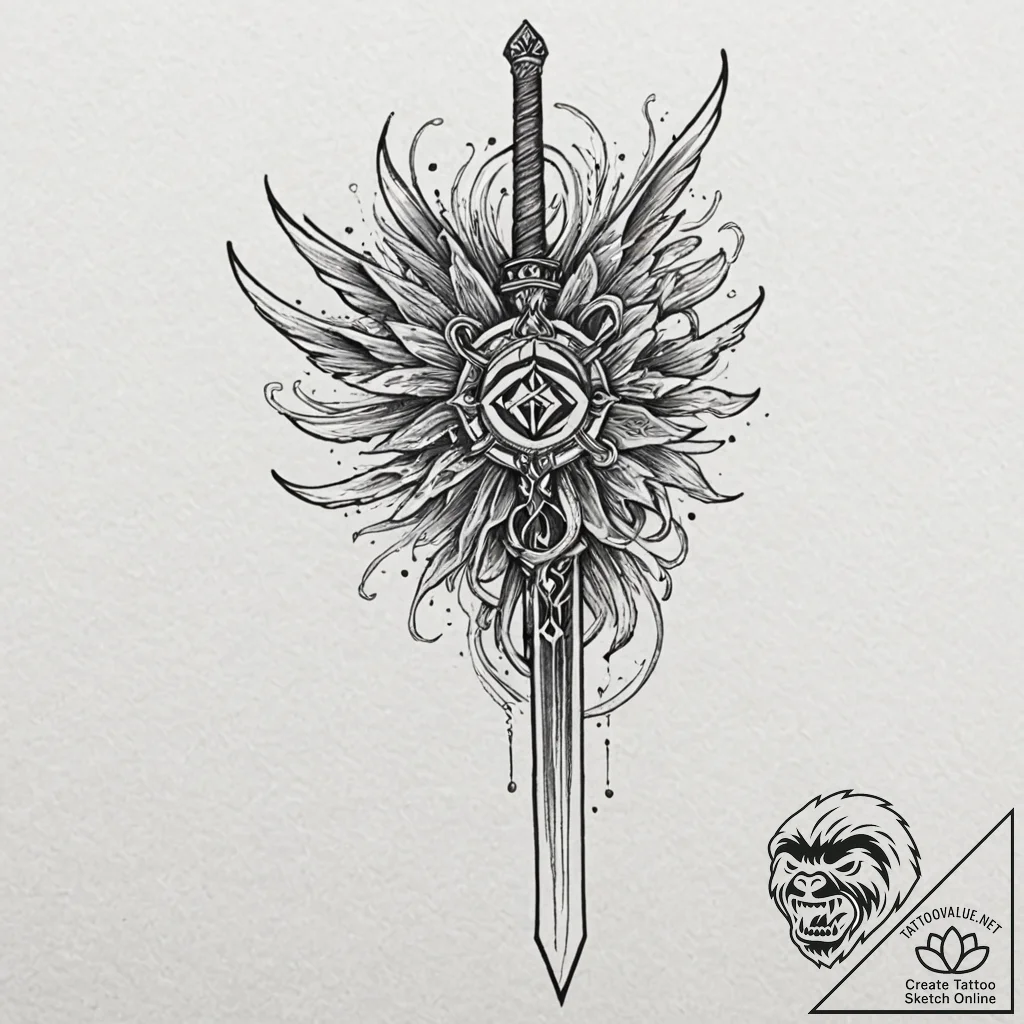 Tattoo sketch of sword melting into ink with... - tattoo sketch (№1751552847_0, 03.07.2025 14:27) — tattoovalue.net