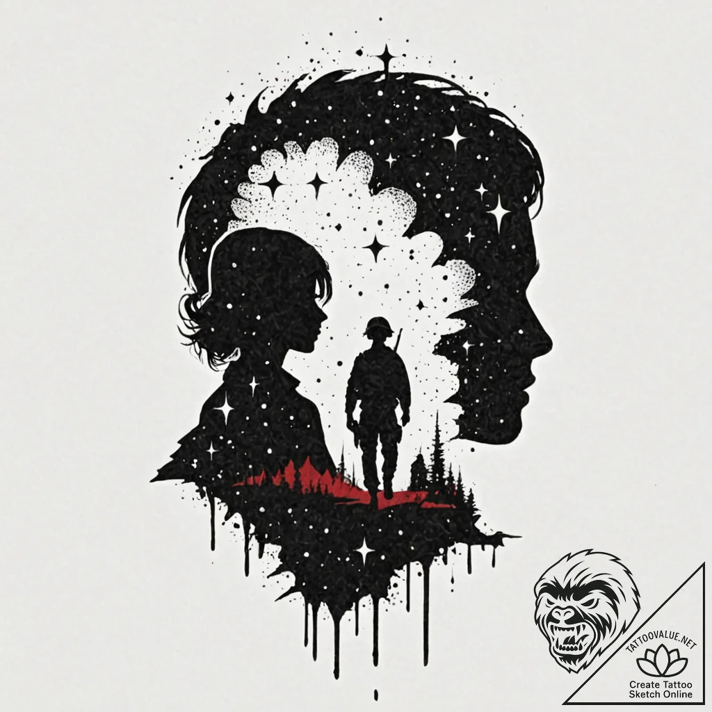Tattoo design, a soldier's silhouette filled... - tattoo sketch (№1751553100_0, 03.07.2025 14:31) — tattoovalue.net