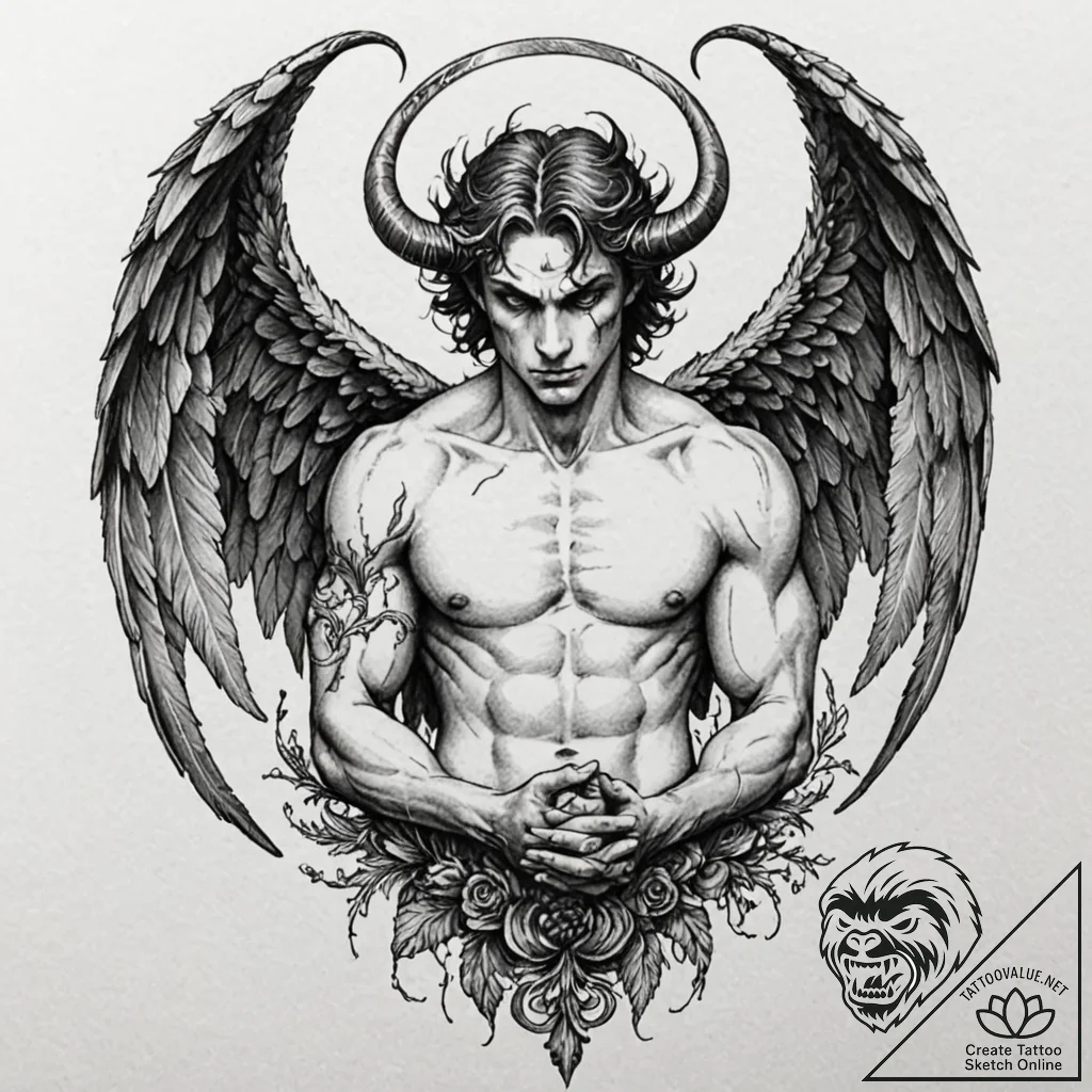 Tattoo sleeve design, fallen angel theme, bea... - tattoo sketch (№1751553776_0, 03.07.2025 14:42) — tattoovalue.net