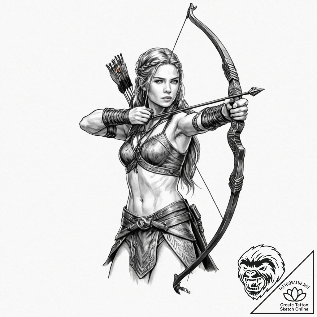 Tattoo design, a shieldmaiden drawing a bow,... - tattoo sketch (№1751553858_0, 03.07.2025 14:44) — tattoovalue.net