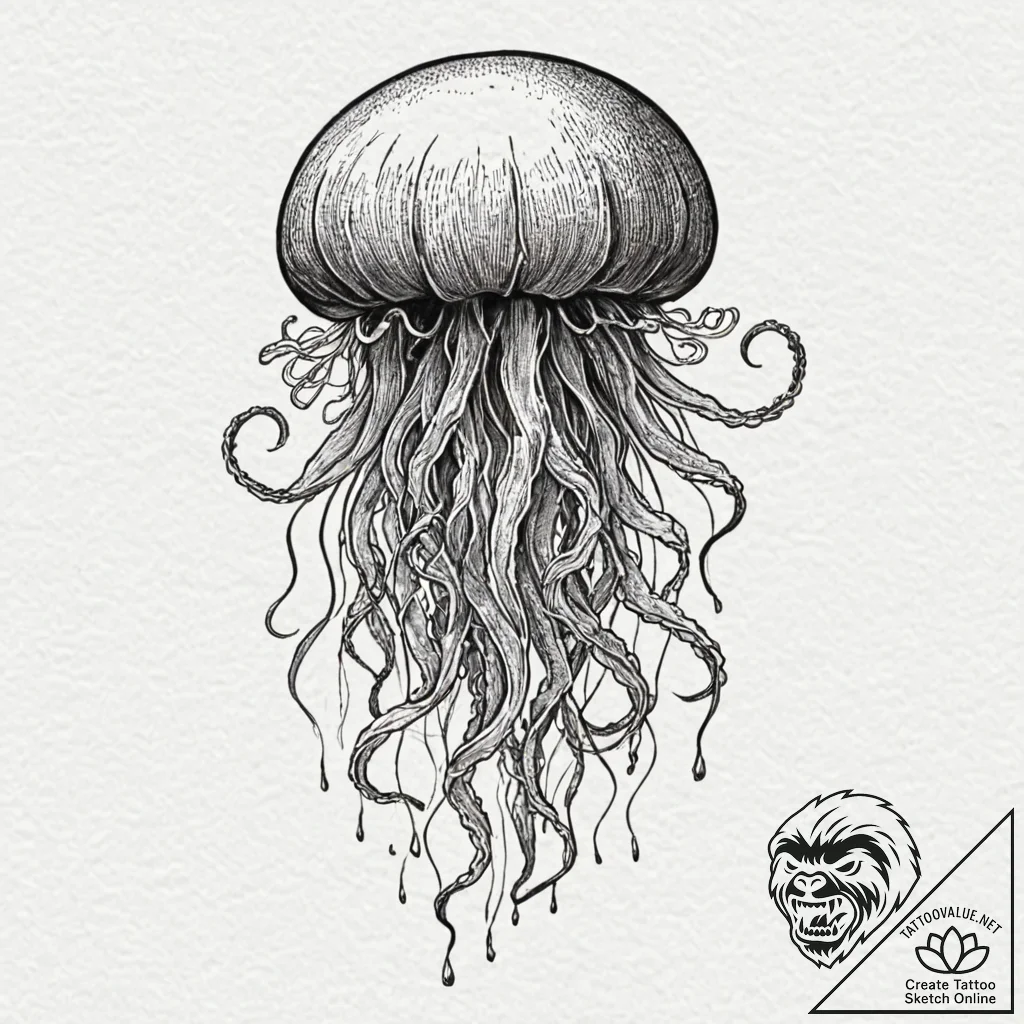Tattoo design, a jellyfish, its bell is a hum... - tattoo sketch (№1751553941_0, 03.07.2025 14:45) — tattoovalue.net
