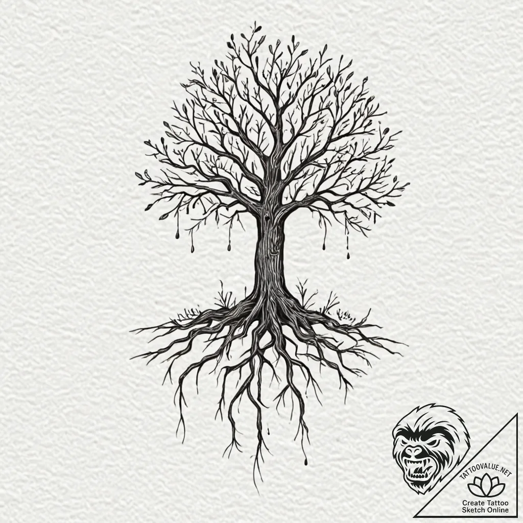 Tattoo design, a tree, its roots are cables,... - tattoo sketch (№1751554616_0, 03.07.2025 14:56) — tattoovalue.net