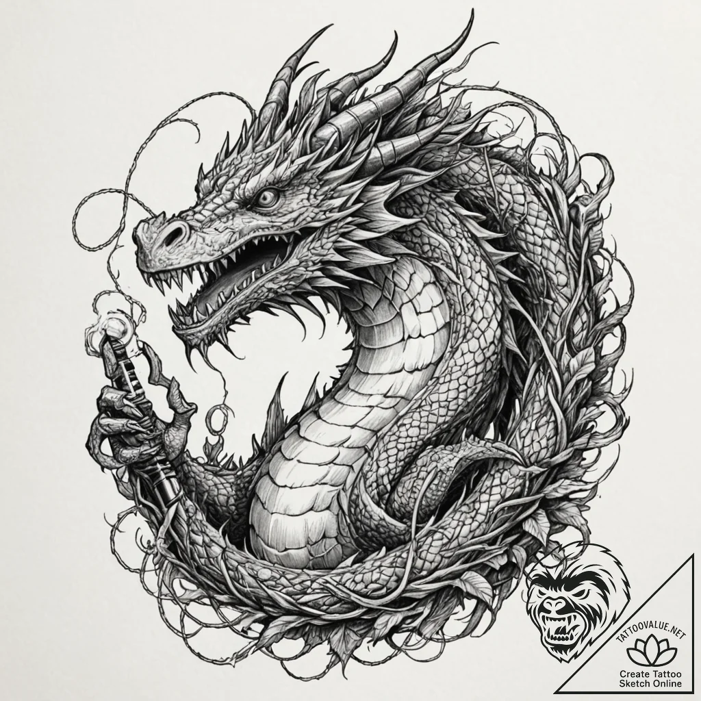 Tattoo design, nidhogg dragon chewing on a fi... - tattoo sketch (№1751557650_0, 03.07.2025 15:47) — tattoovalue.net