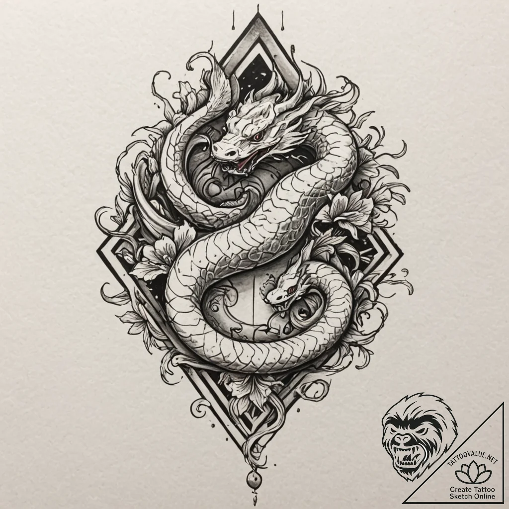Tattoo design, a snake coiled around a spray... - tattoo sketch (№1751557734_0, 03.07.2025 15:48) — tattoovalue.net