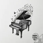 Tattoo design, a grand piano, its keys morph… – tattoo sketch (№1751557903_0, 03.07.2025 15:51) — tattoovalue.net