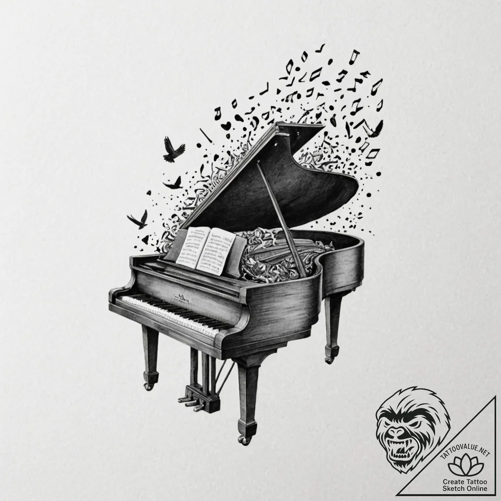 Tattoo design, a grand piano, its keys morph... - tattoo sketch (№1751557903_0, 03.07.2025 15:51) — tattoovalue.net