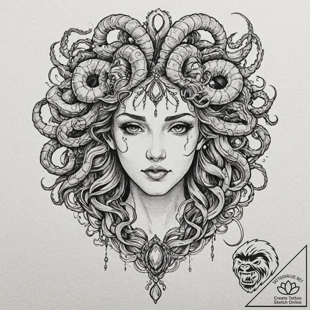 Tattoo design, an ew jammer stylized as a myt... - tattoo sketch (№1751558324_0, 03.07.2025 15:58) — tattoovalue.net