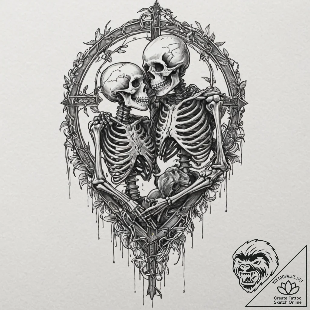 Tattoo design, two skeletons in a passionate... - tattoo sketch (№1751560374_0, 03.07.2025 16:32) — tattoovalue.net