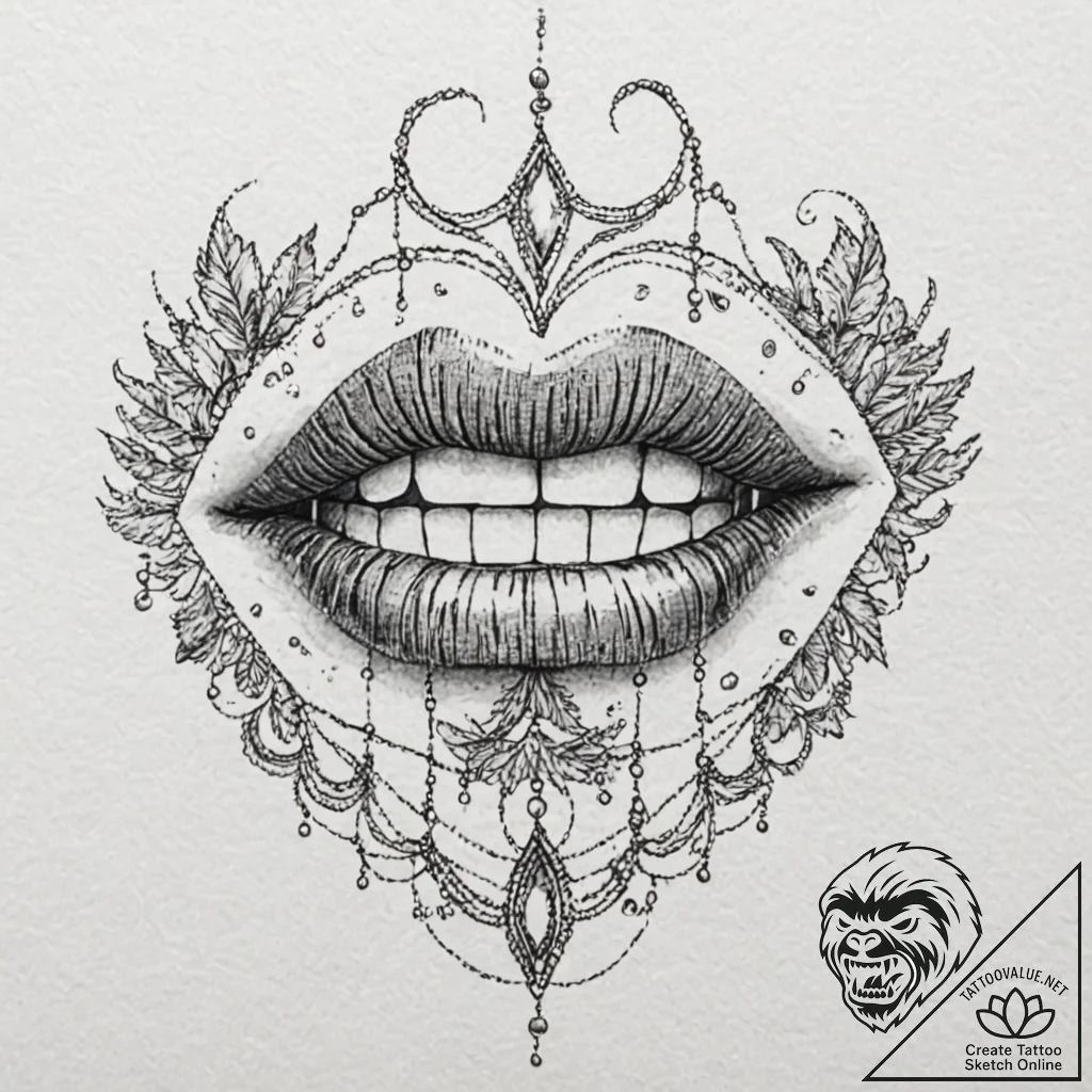 Tattoo design, a mouth, sewn shut with golden... - tattoo sketch (№1751560452_0, 03.07.2025 16:34) — tattoovalue.net