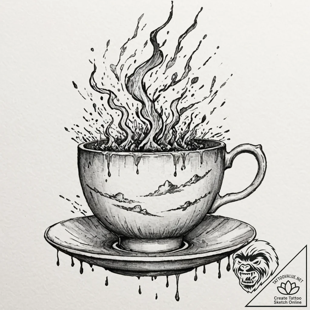 Tattoo design, a teacup, a storm with lightni... - tattoo sketch (№1751561196_0, 03.07.2025 16:46) — tattoovalue.net