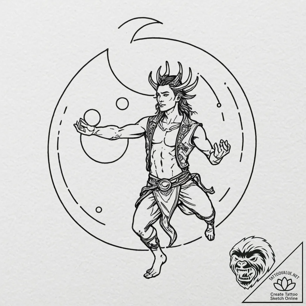 Tattoo design, loki juggling the sun and the... - tattoo sketch (№1751561710_0, 03.07.2025 16:55) — tattoovalue.net