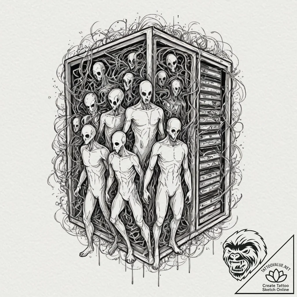 Tattoo design, "ghosts in the machine", depic... - tattoo sketch (№1751563874_0, 03.07.2025 17:31) — tattoovalue.net