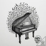 Tattoo design, a grand piano, its keys morph… – tattoo sketch (№1751563960_0, 03.07.2025 17:32) — tattoovalue.net